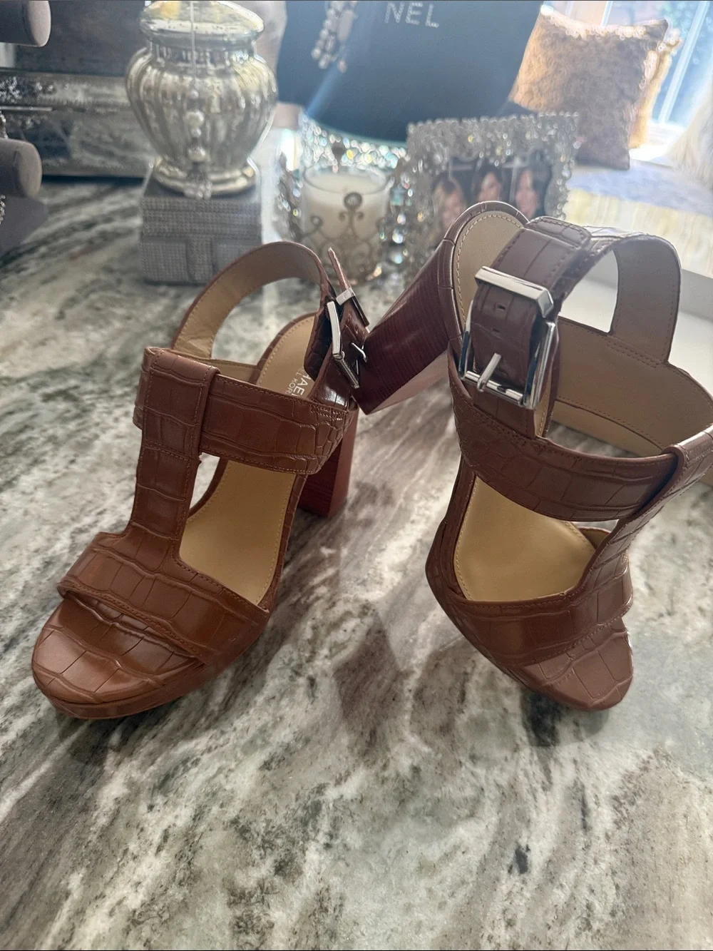 Michael Kors Croc-Embossed Tan Block Heel Sandals brand new in box